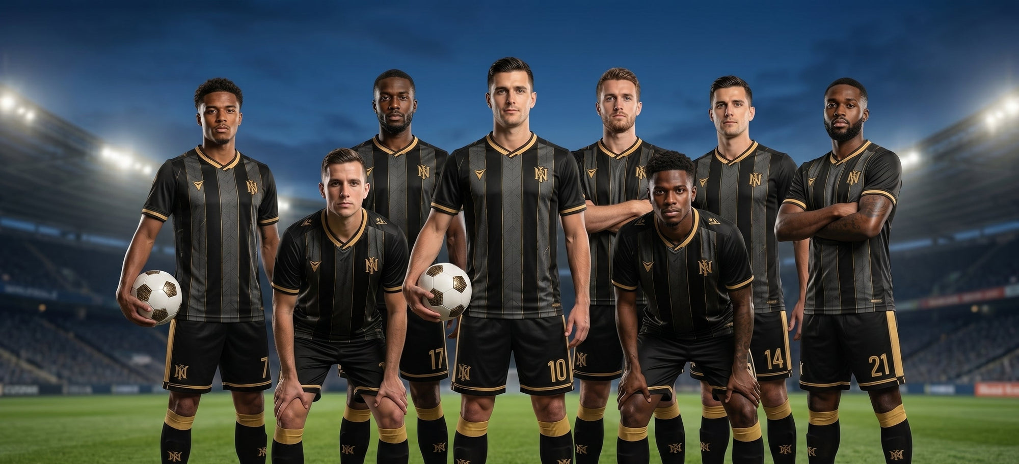 Soccer players in black and gold uniforms on a soccer field with a dark blue sky.